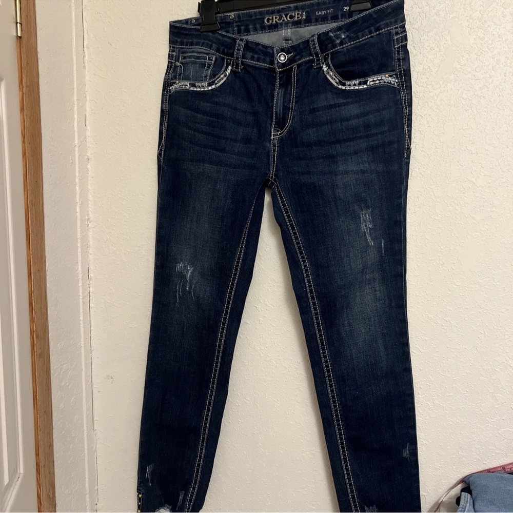 GRACE IN LA JEANS BOOTCUT LOW RISE BLUE DENIM EMBROIDERED POCKETS SIZE 28
